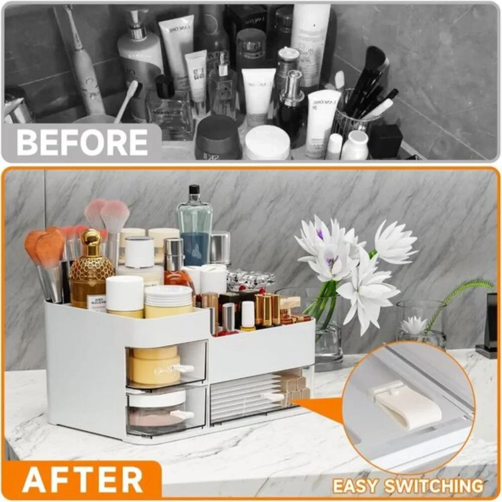 New White Makeup Organizer for Vanity, Large Plastic Drawer Storage for Skincare
